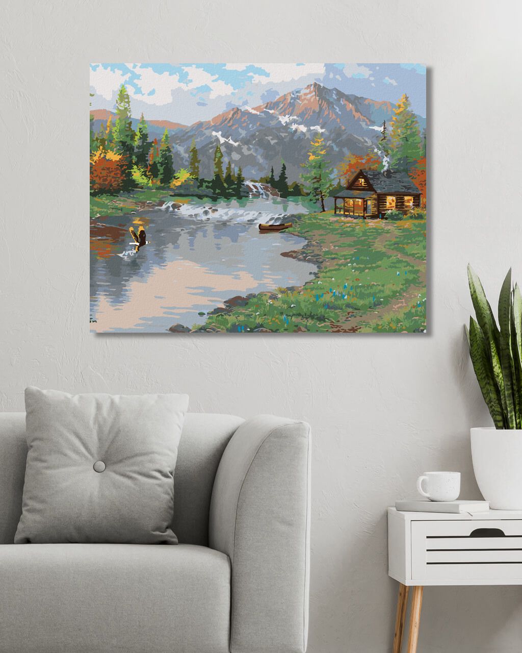 zuty Malování podle čísel - OREL, ŘEKA, CHATA A HORY (ABRAHAM HUNTER) - Rozměr: 40x50 cm, Rámování: Varianta: vypnuté plátno na rám - obrázek 5