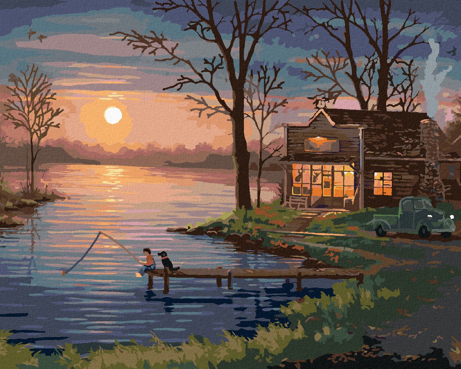 zuty Malování podle čísel - CHLAPEC SE PSEM NA MOLE A ZÁPAD SLUNCE (ABRAHAM HUNTER) - Rozměr: 40x50 cm, Rámování: Varianta: vypnuté plátno na rám - obrázek 1
