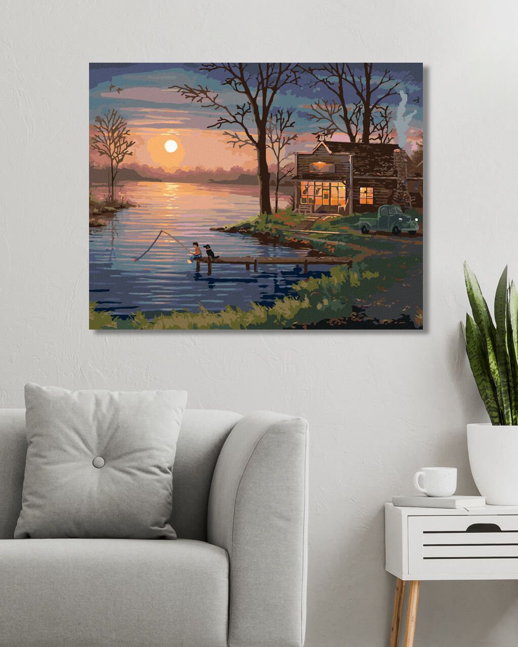 zuty Malování podle čísel - CHLAPEC SE PSEM NA MOLE A ZÁPAD SLUNCE (ABRAHAM HUNTER) - Rozměr: 40x50 cm, Rámování: Varianta: vypnuté plátno na rám - obrázek 3