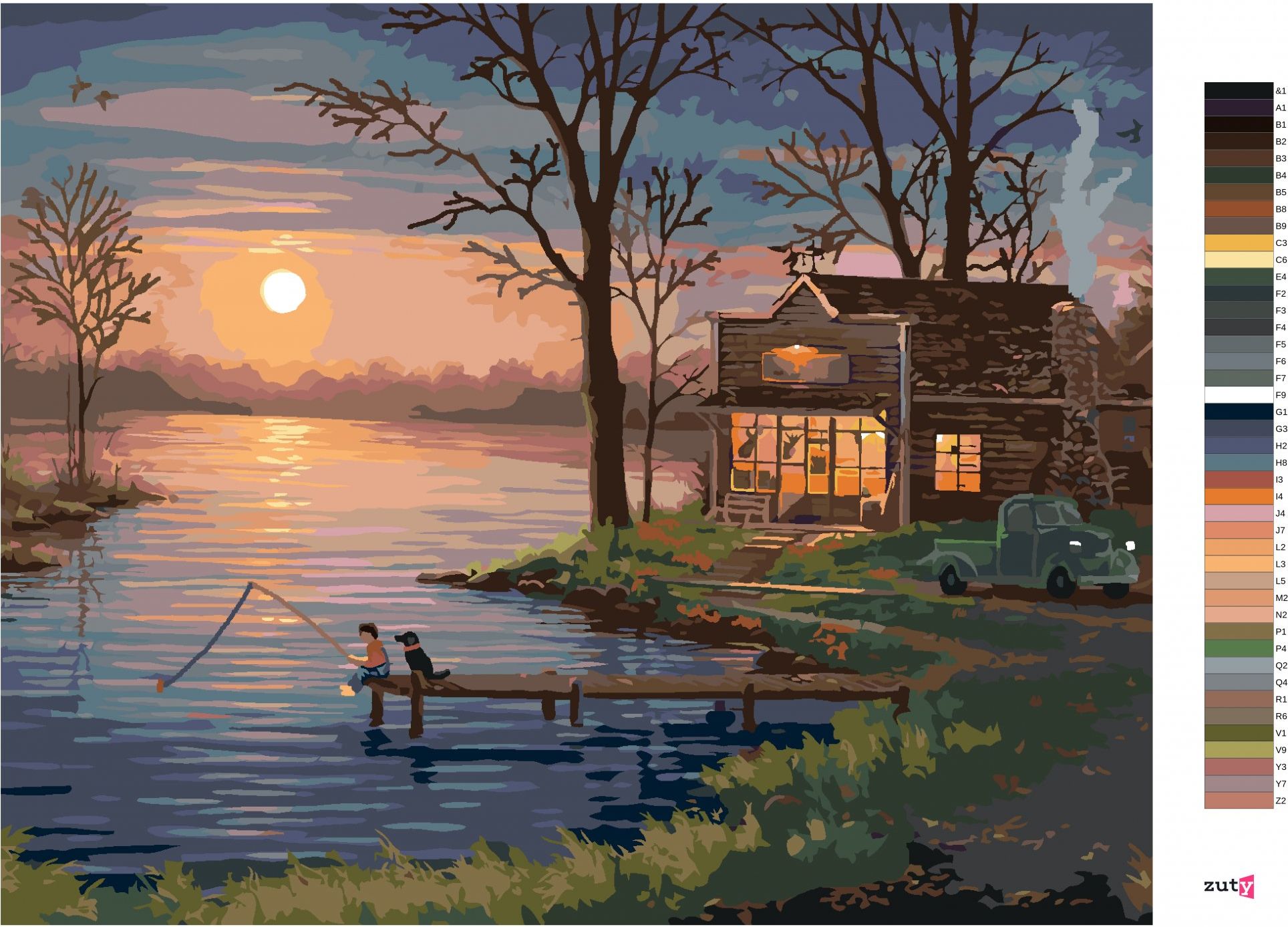 zuty Malování podle čísel - CHLAPEC SE PSEM NA MOLE A ZÁPAD SLUNCE (ABRAHAM HUNTER) - Rozměr: 40x50 cm, Rámování: Varianta: vypnuté plátno na rám - obrázek 6