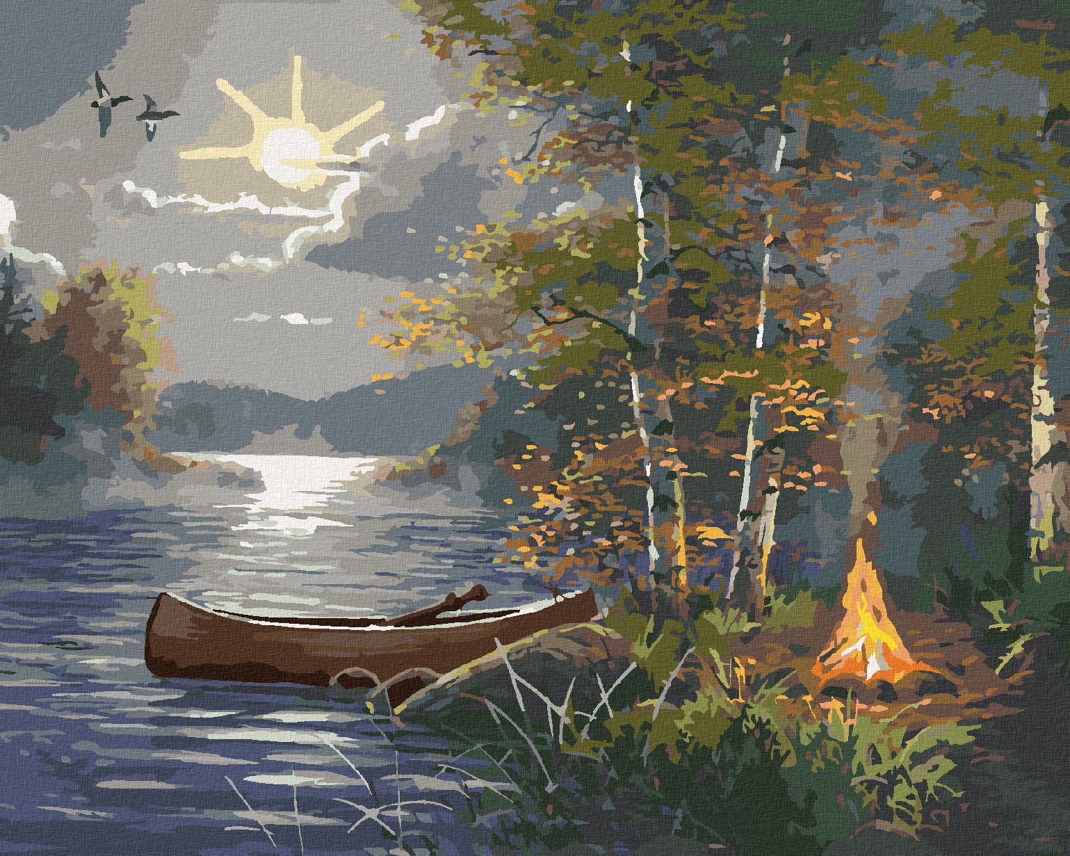 zuty Malování podle čísel - KAJAK NA JEZEŘE A TÁBORÁK ZA ÚPLŇKU (ABRAHAM HUNTER) - Rozměr: 40x50 cm, Rámování: Varianta: vypnuté plátno na rám - obrázek 1
