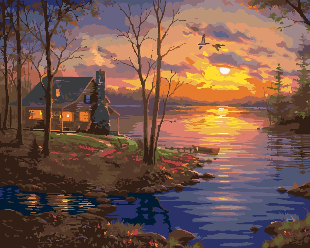 zuty Malování podle čísel - JEZERO, CHATA A ZÁPAD SLUNCE (ABRAHAM HUNTER) - Rozměr: 40x50 cm, Rámování: Varianta: vypnuté plátno na rám - obrázek 2