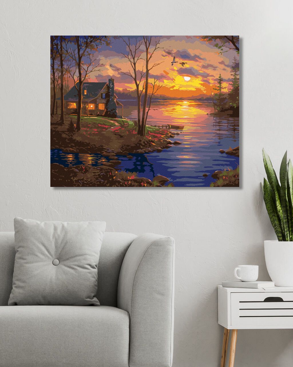 zuty Malování podle čísel - JEZERO, CHATA A ZÁPAD SLUNCE (ABRAHAM HUNTER) - Rozměr: 40x50 cm, Rámování: Varianta: vypnuté plátno na rám - obrázek 4