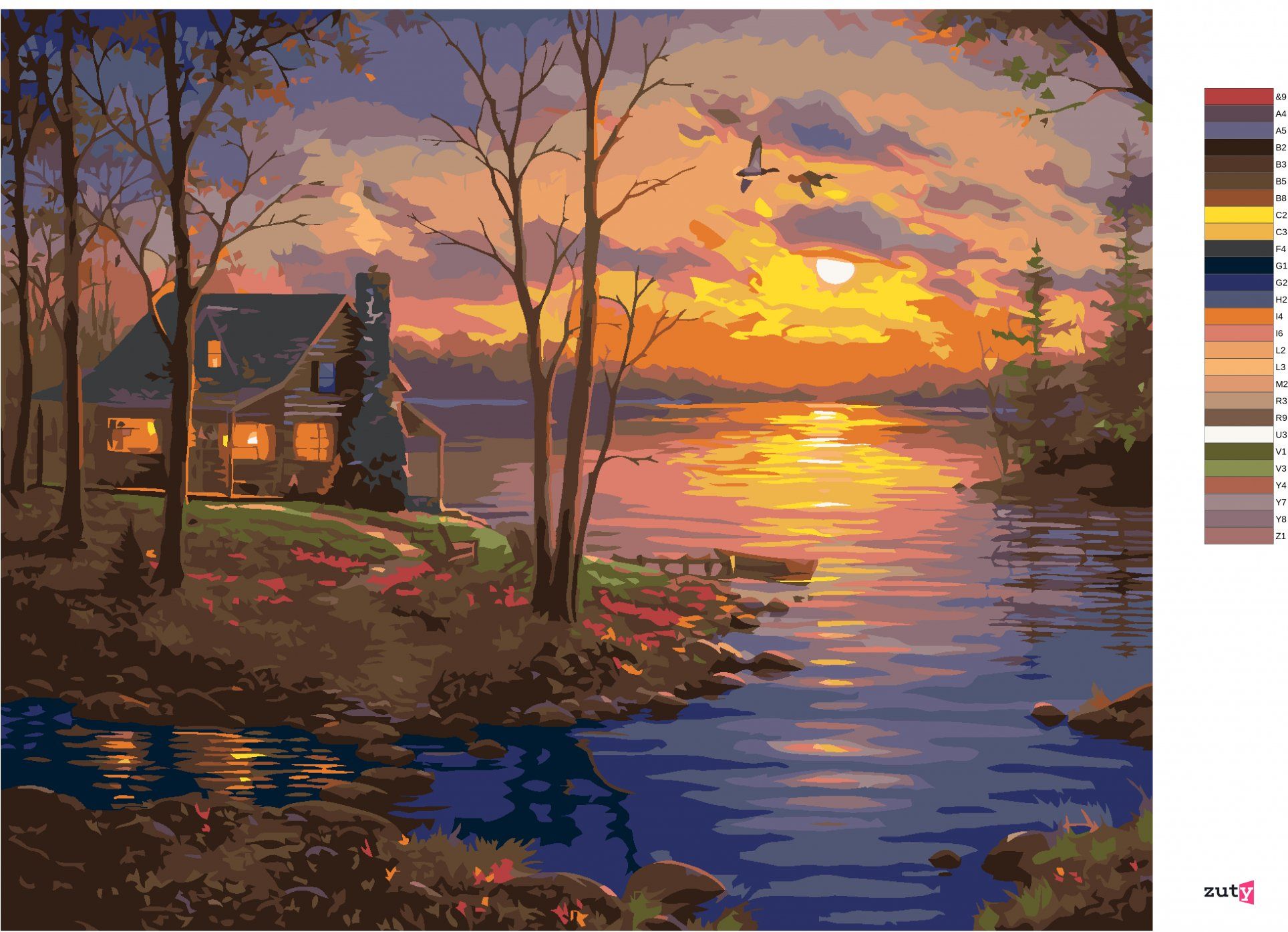 zuty Malování podle čísel - JEZERO, CHATA A ZÁPAD SLUNCE (ABRAHAM HUNTER) - Rozměr: 40x50 cm, Rámování: Varianta: vypnuté plátno na rám - obrázek 5