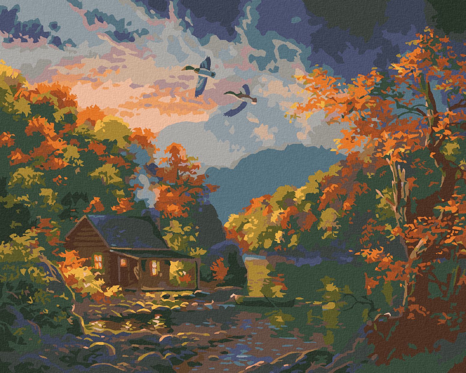 zuty Malování podle čísel - KACHNA, JEZERO A PODZIMNÍ STROMY (ABRAHAM HUNTER) - Rozměr: 40x50 cm, Rámování: Varianta: bez rámu a bez vypnutí plátna - obrázek 1