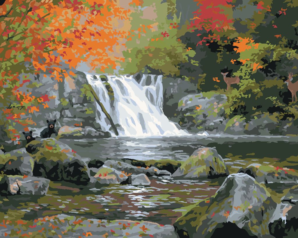 zuty Malování podle čísel - VODOPÁD A STROMY NA PODZIM (ABRAHAM HUNTER) - Rozměr: 40x50 cm, Rámování: Varianta: vypnuté plátno na rám - obrázek 7