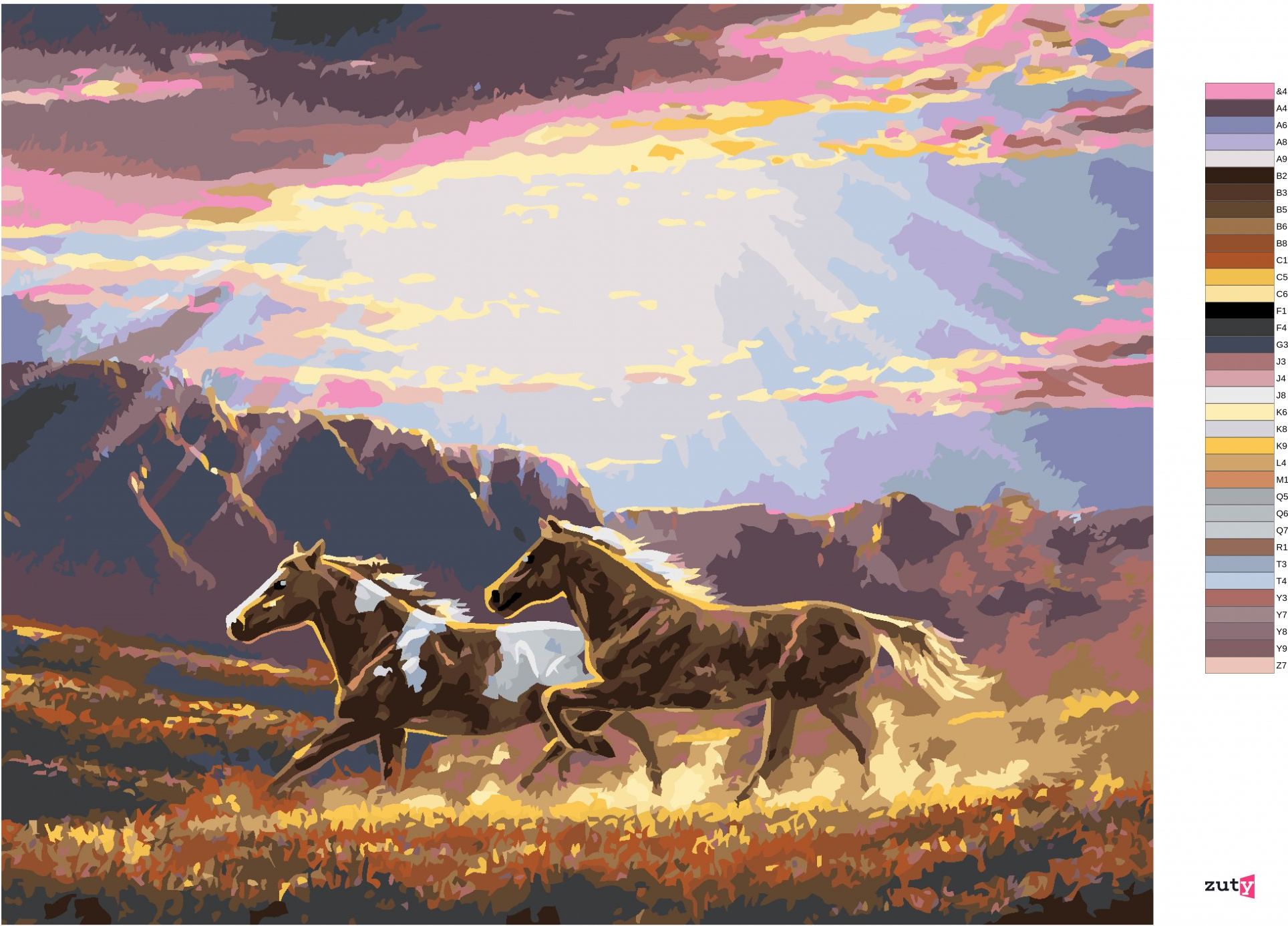 zuty Malování podle čísel - KONĚ V BĚHU, HORY A VÝCHOD SLUNCE (ABRAHAM HUNTER) - Rozměr: 40x50 cm, Rámování: Varianta: vypnuté plátno na rám - obrázek 4