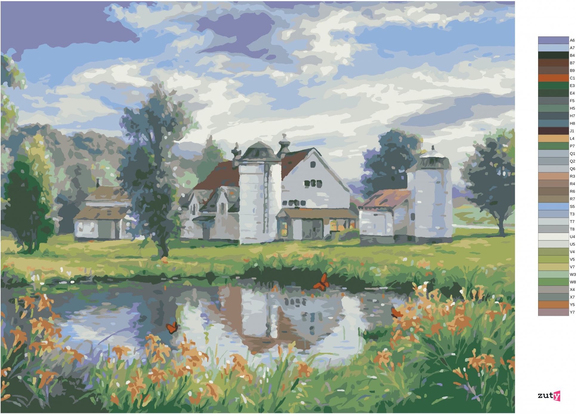 zuty Malování podle čísel - FARMA, JEZERO A MOTÝLI (ABRAHAM HUNTER) - Rozměr: 40x50 cm, Rámování: Varianta: vypnuté plátno na rám - obrázek 4