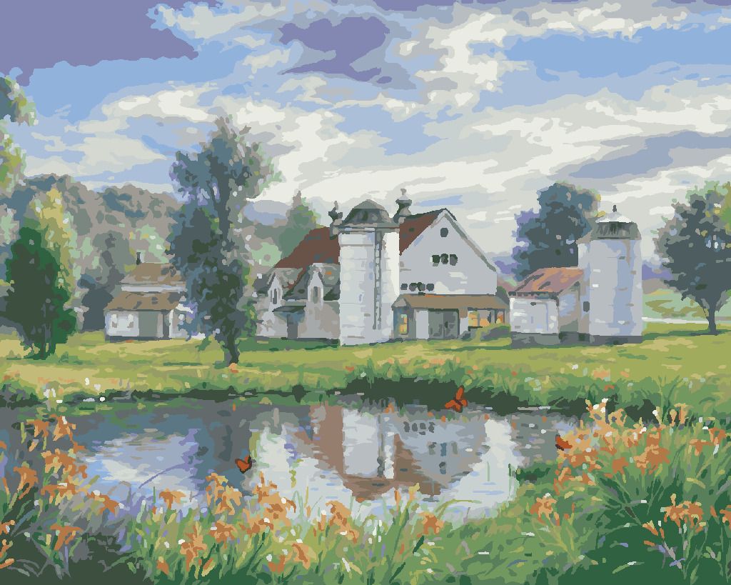 zuty Malování podle čísel - FARMA, JEZERO A MOTÝLI (ABRAHAM HUNTER) - Rozměr: 40x50 cm, Rámování: Varianta: vypnuté plátno na rám - obrázek 6