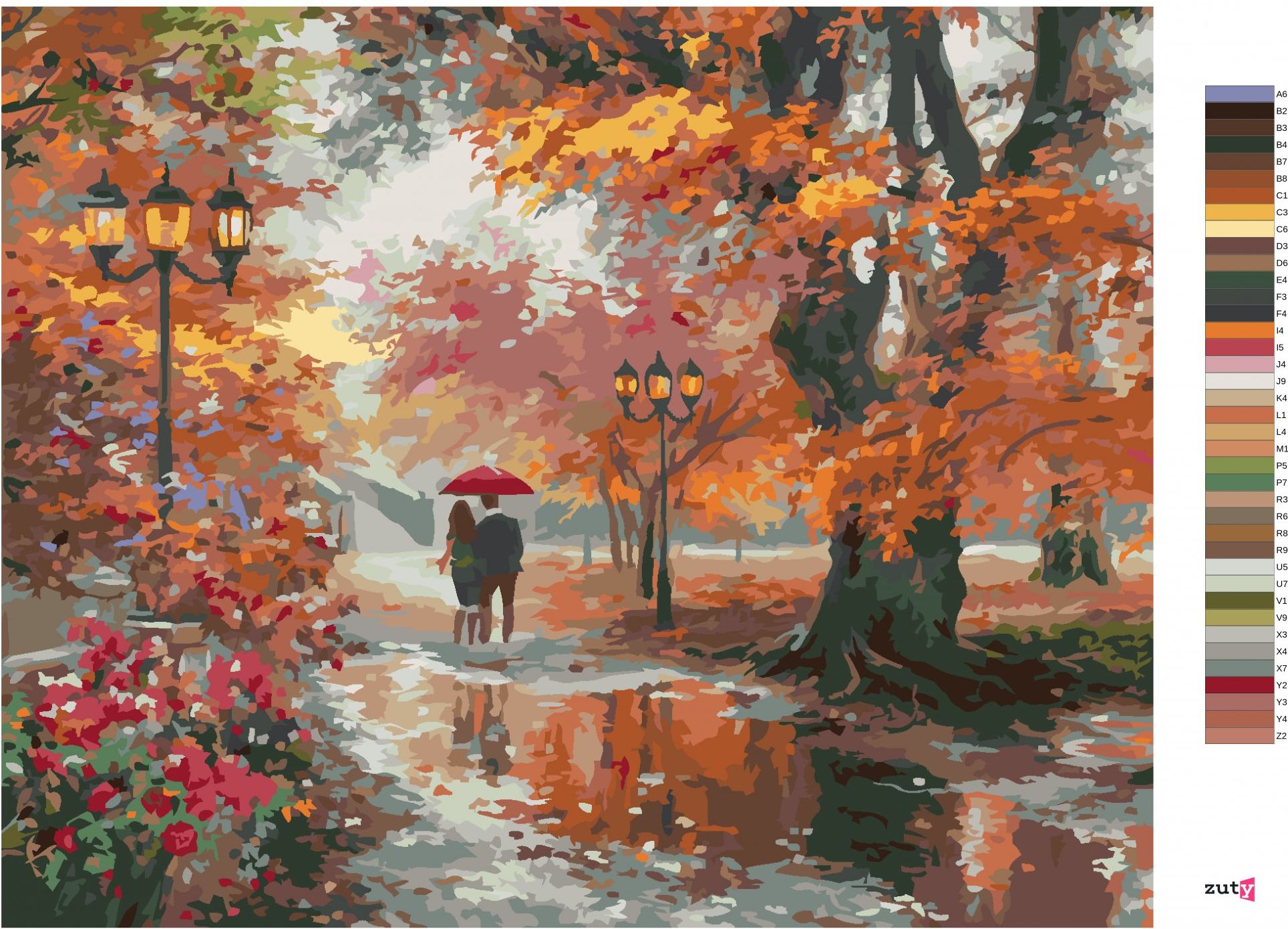 zuty Malování podle čísel - PÁR POD DEŠTNÍKEM PO DEŠTI A PODZIMNÍ PARK (ABRAHAM HUNTER) - Rozměr: 40x50 cm, Rámování: Varianta: bez rámu a bez vypnutí plátna - obrázek 2