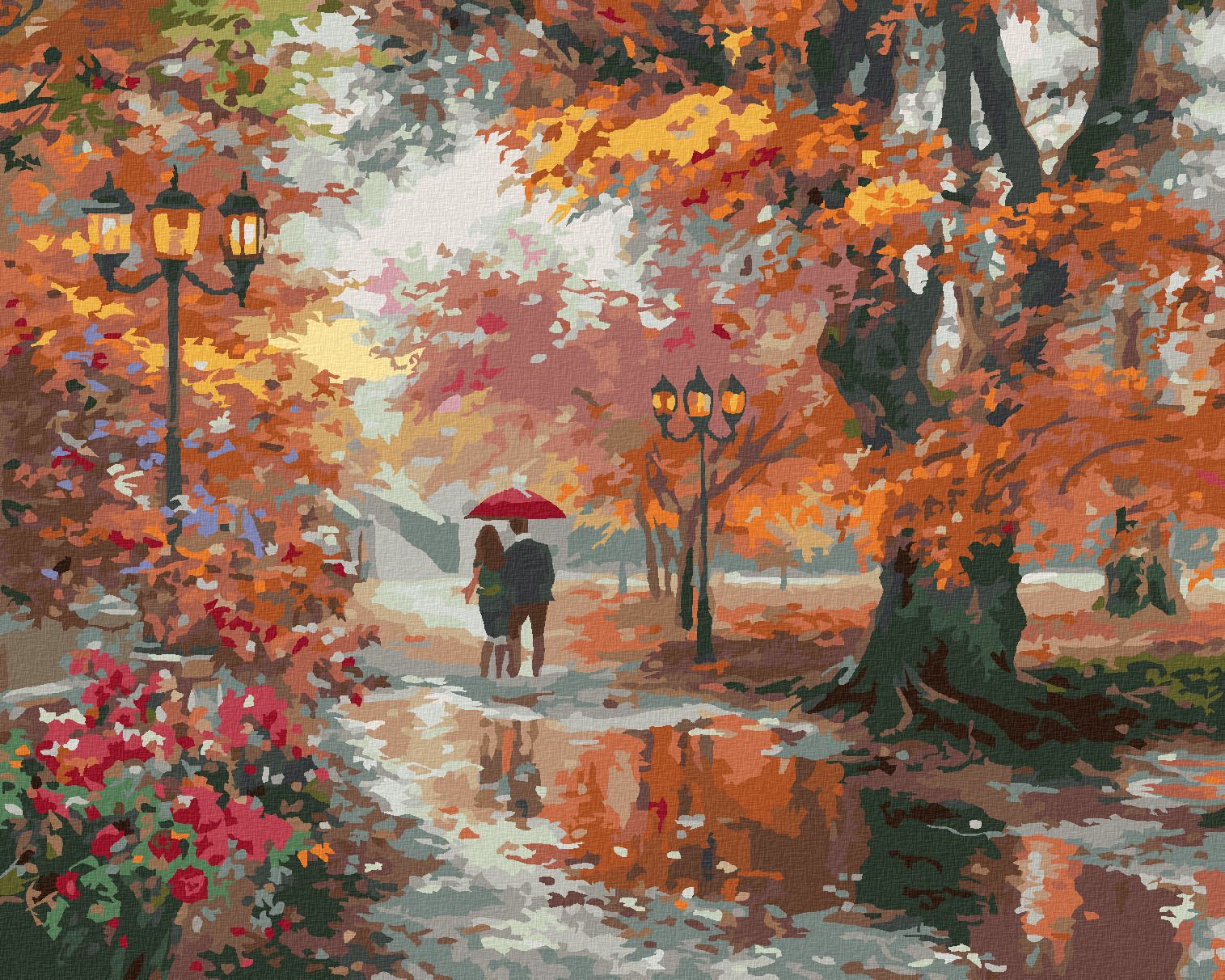 zuty Malování podle čísel - PÁR POD DEŠTNÍKEM PO DEŠTI A PODZIMNÍ PARK (ABRAHAM HUNTER) - Rozměr: 40x50 cm, Rámování: Varianta: vypnuté plátno na rám - obrázek 1
