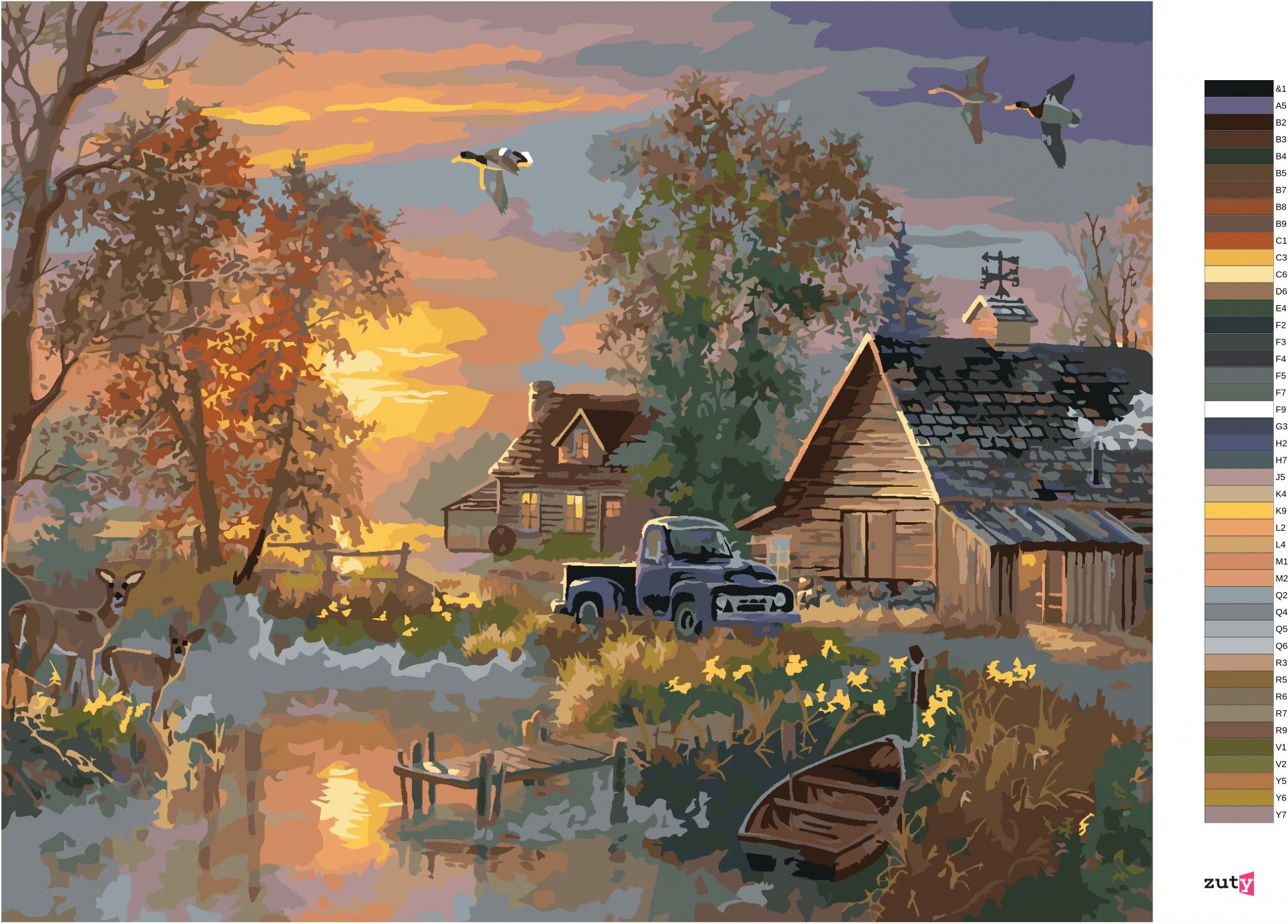 zuty Malování podle čísel - KACHNA, SRNA A MOLO U JEZERA A ZÁPAD SLUNCE (ABRAHAM HUNTER) - Rozměr: 40x50 cm, Rámování: Varianta: vypnuté plátno na rám - obrázek 4