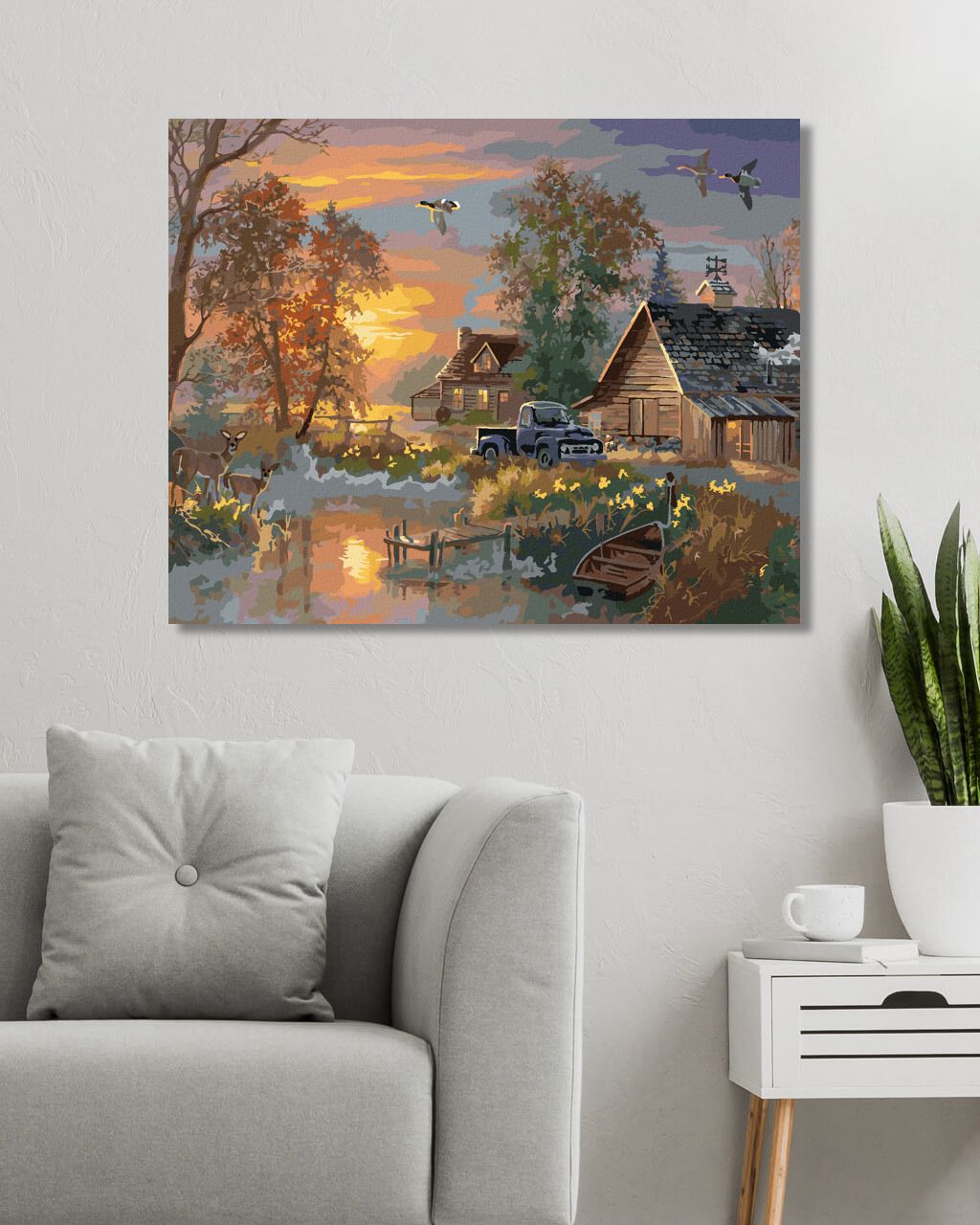 zuty Malování podle čísel - KACHNA, SRNA A MOLO U JEZERA A ZÁPAD SLUNCE (ABRAHAM HUNTER) - Rozměr: 40x50 cm, Rámování: Varianta: vypnuté plátno na rám - obrázek 5