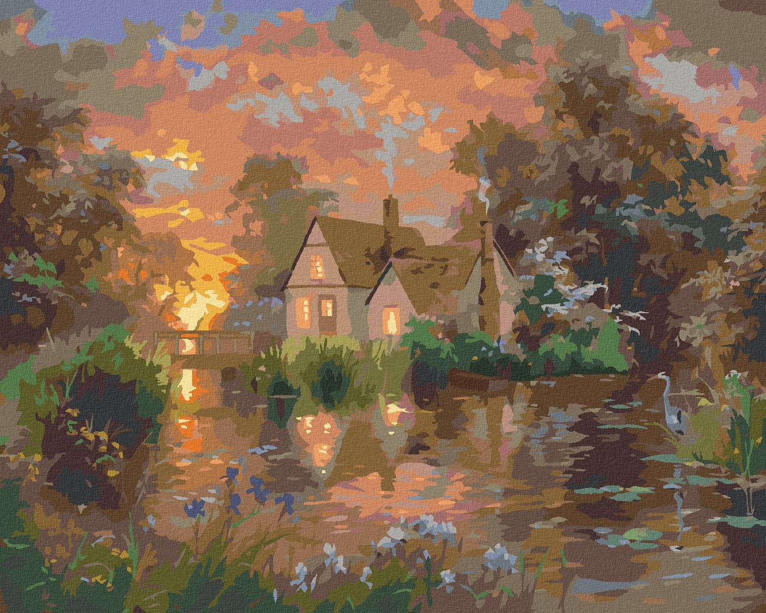 zuty Malování podle čísel - VOLAVKA A DŮM U RYBNÍKA A ZÁPAD SLUNCE (ABRAHAM HUNTER) - Rozměr: 40x50 cm, Rámování: Varianta: bez rámu a bez vypnutí plátna - obrázek 1