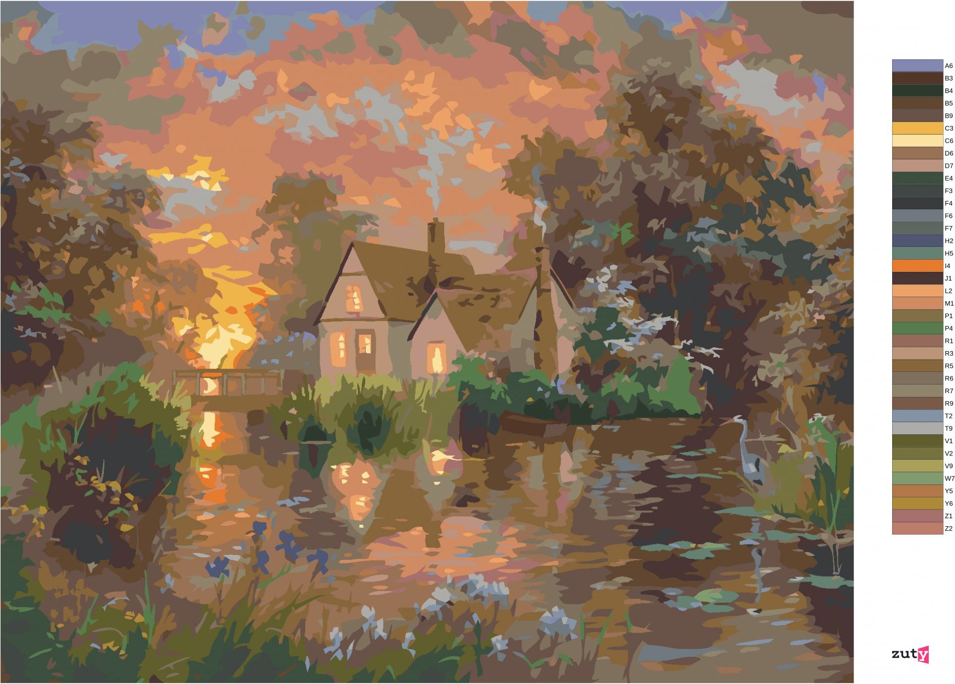 zuty Malování podle čísel - VOLAVKA A DŮM U RYBNÍKA A ZÁPAD SLUNCE (ABRAHAM HUNTER) - Rozměr: 40x50 cm, Rámování: Varianta: bez rámu a bez vypnutí plátna - obrázek 2