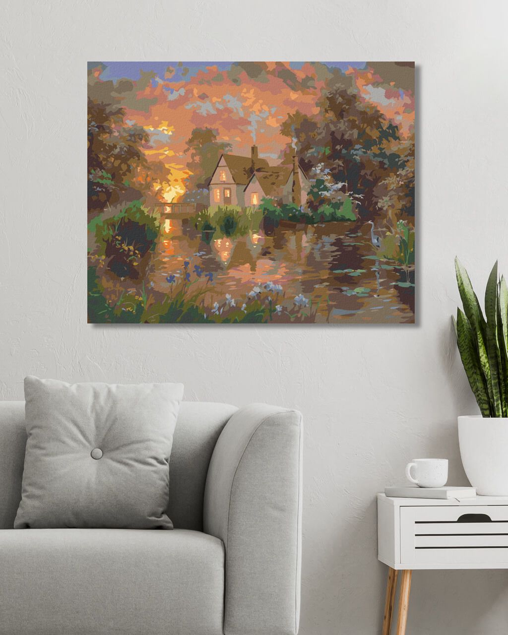 zuty Malování podle čísel - VOLAVKA A DŮM U RYBNÍKA A ZÁPAD SLUNCE (ABRAHAM HUNTER) - Rozměr: 40x50 cm, Rámování: Varianta: vypnuté plátno na rám - obrázek 6