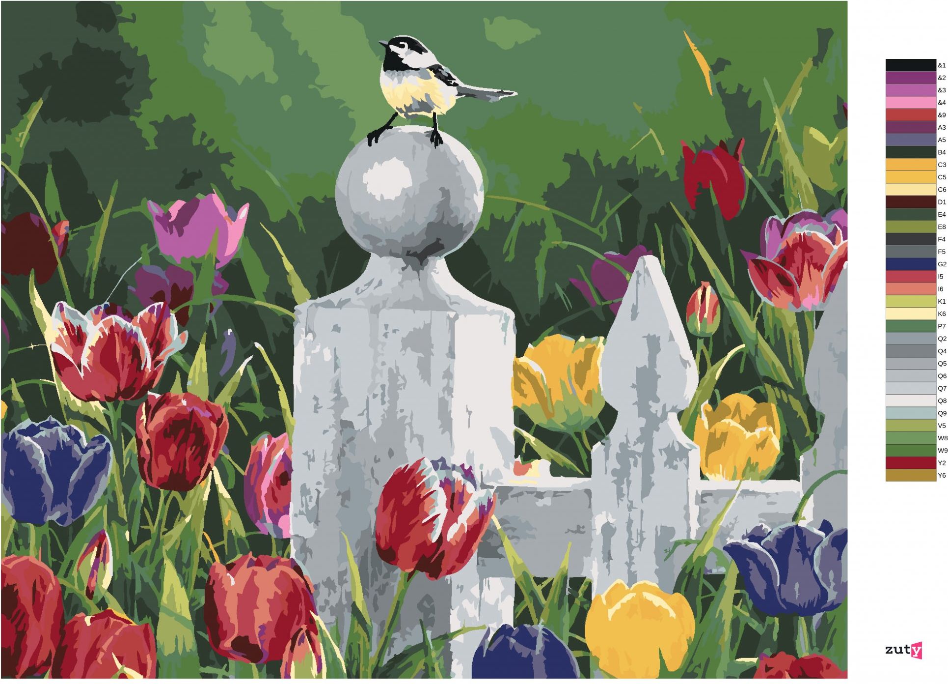 zuty Malování podle čísel - SÝKORKA NA DŘEVĚNÉM PLOTĚ A TULIPÁNY (ABRAHAM HUNTER) - Rozměr: 40x50 cm, Rámování: Varianta: vypnuté plátno na rám - obrázek 5