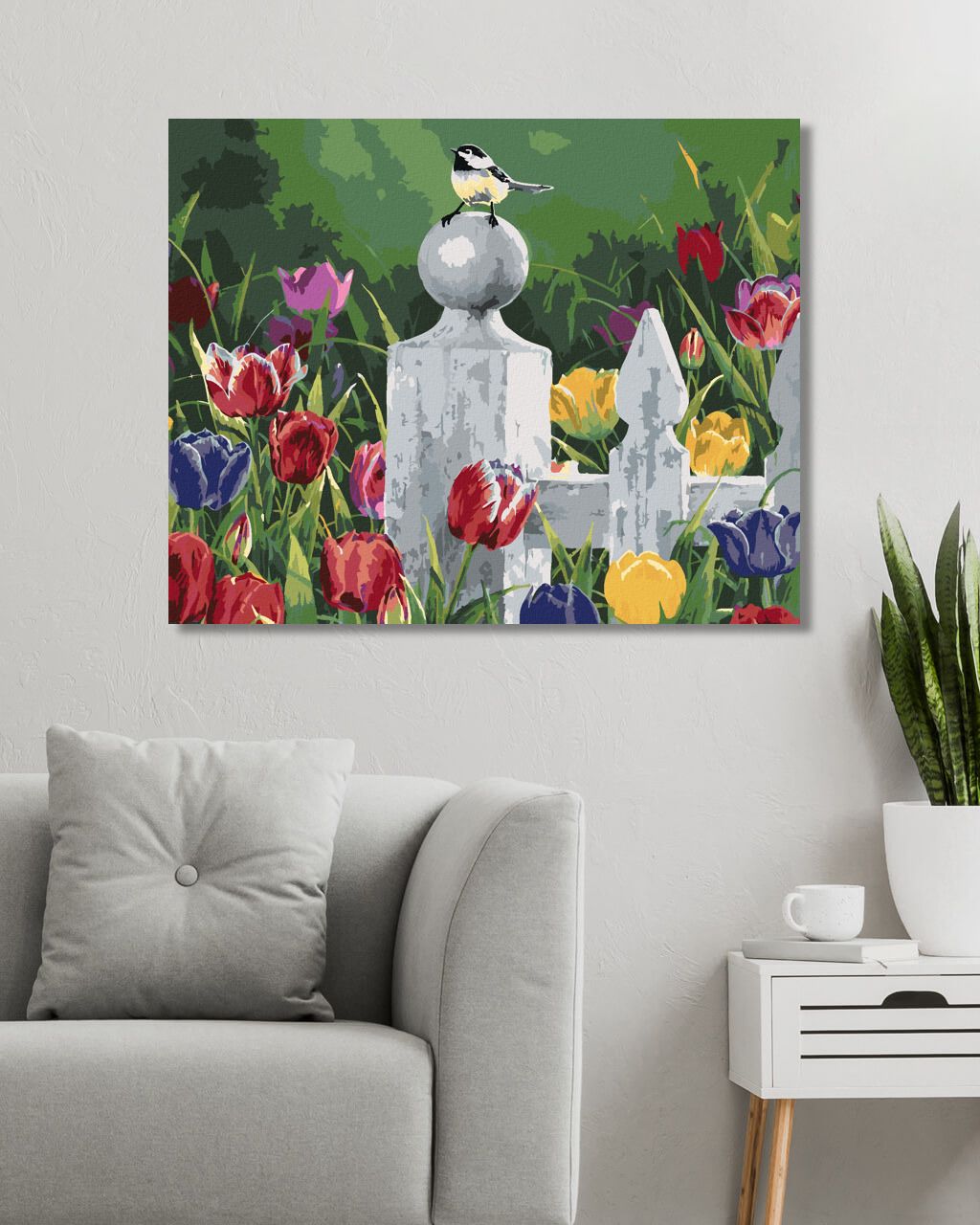 zuty Malování podle čísel - SÝKORKA NA DŘEVĚNÉM PLOTĚ A TULIPÁNY (ABRAHAM HUNTER) - Rozměr: 40x50 cm, Rámování: Varianta: vypnuté plátno na rám - obrázek 8