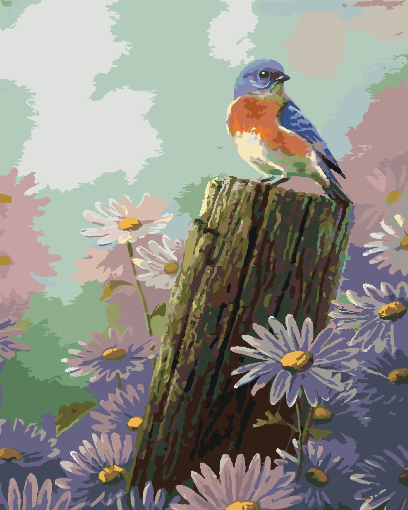 zuty Malování podle čísel - PTÁK NA DŘEVENÉM KŮLU A FIALOVÉ KVĚTINY (ABRAHAM HUNTER) - Rozměr: 40x50 cm, Rámování: Varianta: bez rámu a bez vypnutí plátna - obrázek 6