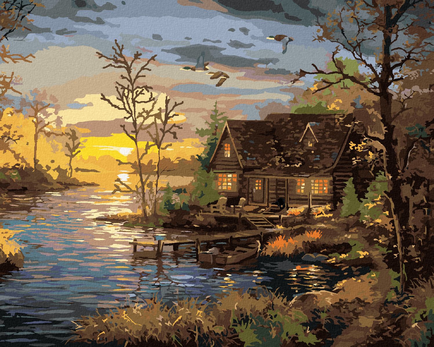 zuty Malování podle čísel - MOLO A CHATA U JEZERA A ZÁPAD SLUNCE (ABRAHAM HUNTER) - Rozměr: 40x50 cm, Rámování: Varianta: vypnuté plátno na rám - obrázek 1