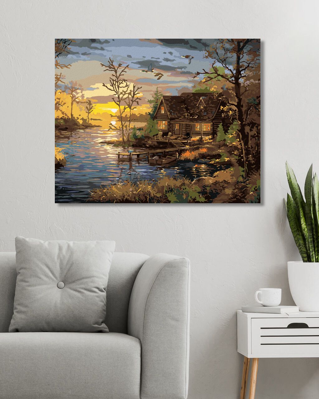 zuty Malování podle čísel - MOLO A CHATA U JEZERA A ZÁPAD SLUNCE (ABRAHAM HUNTER) - Rozměr: 40x50 cm, Rámování: Varianta: vypnuté plátno na rám - obrázek 2