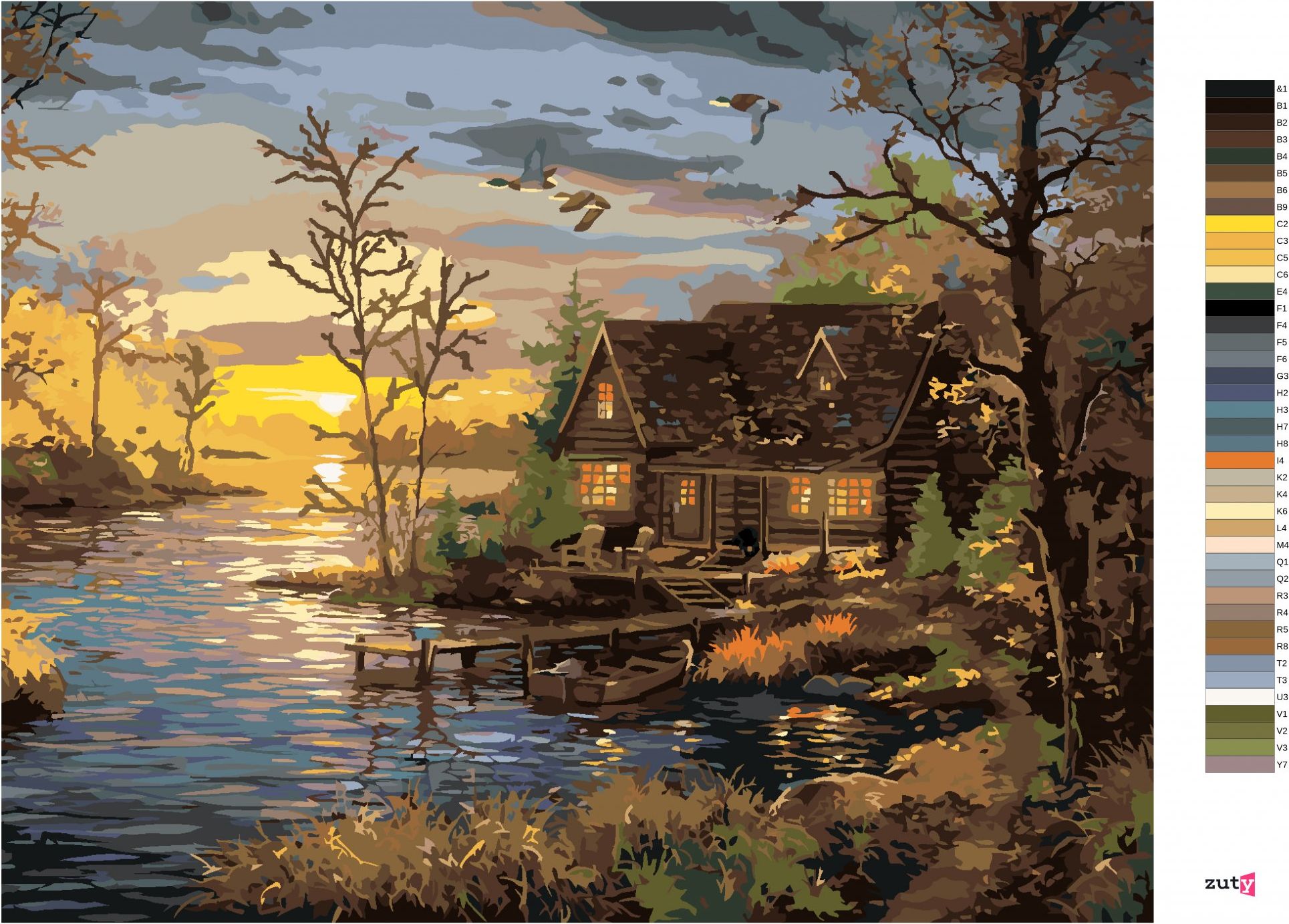 zuty Malování podle čísel - MOLO A CHATA U JEZERA A ZÁPAD SLUNCE (ABRAHAM HUNTER) - Rozměr: 40x50 cm, Rámování: Varianta: vypnuté plátno na rám - obrázek 4