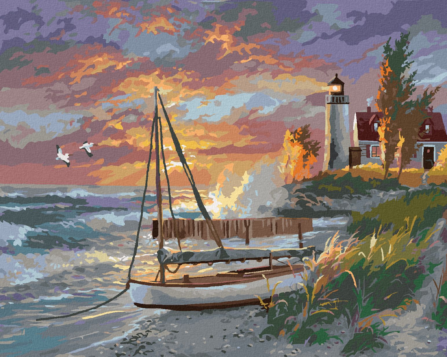 zuty Malování podle čísel - PLACHETNICE NA PLÁŽI, MAJÁK A ZÁPAD SLUNCE (ABRAHAM HUNTER) - Rozměr: 40x50 cm, Rámování: Varianta: vypnuté plátno na rám - obrázek 1