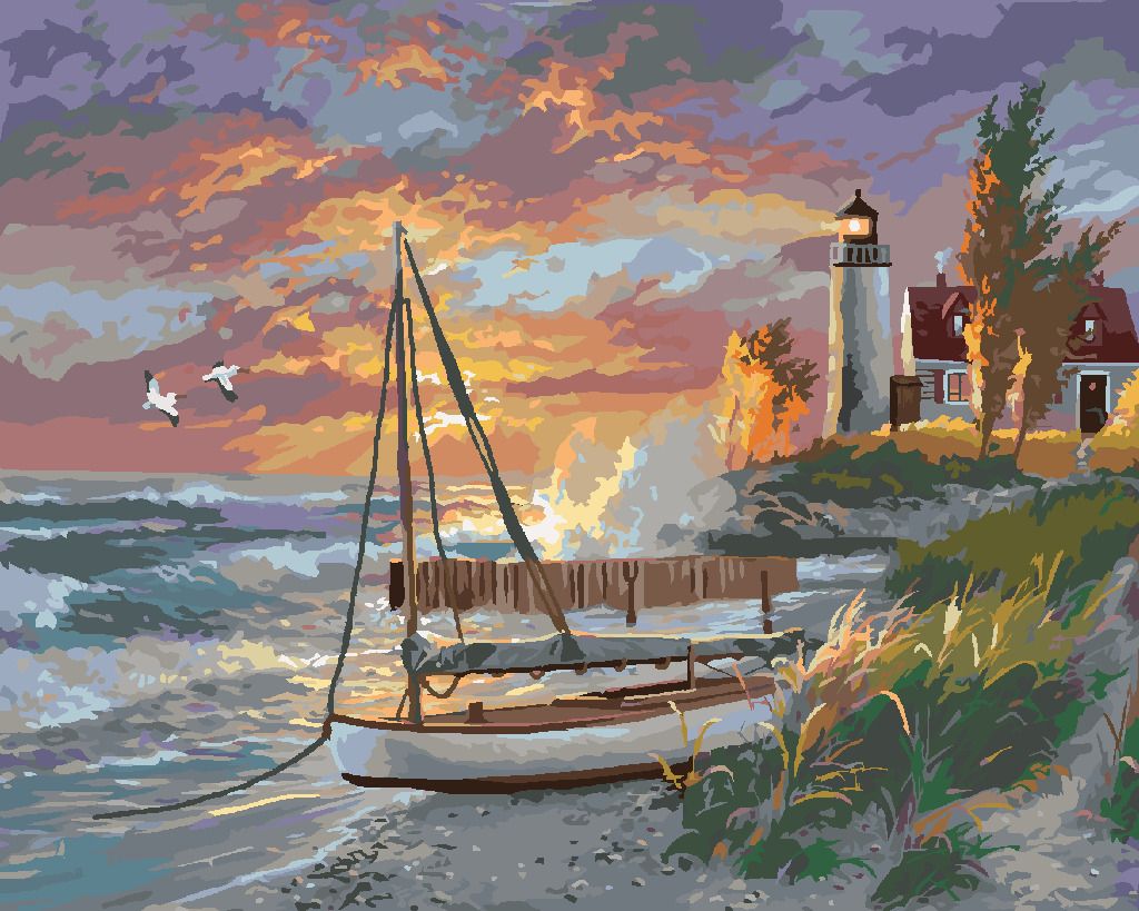 zuty Malování podle čísel - PLACHETNICE NA PLÁŽI, MAJÁK A ZÁPAD SLUNCE (ABRAHAM HUNTER) - Rozměr: 40x50 cm, Rámování: Varianta: vypnuté plátno na rám - obrázek 7
