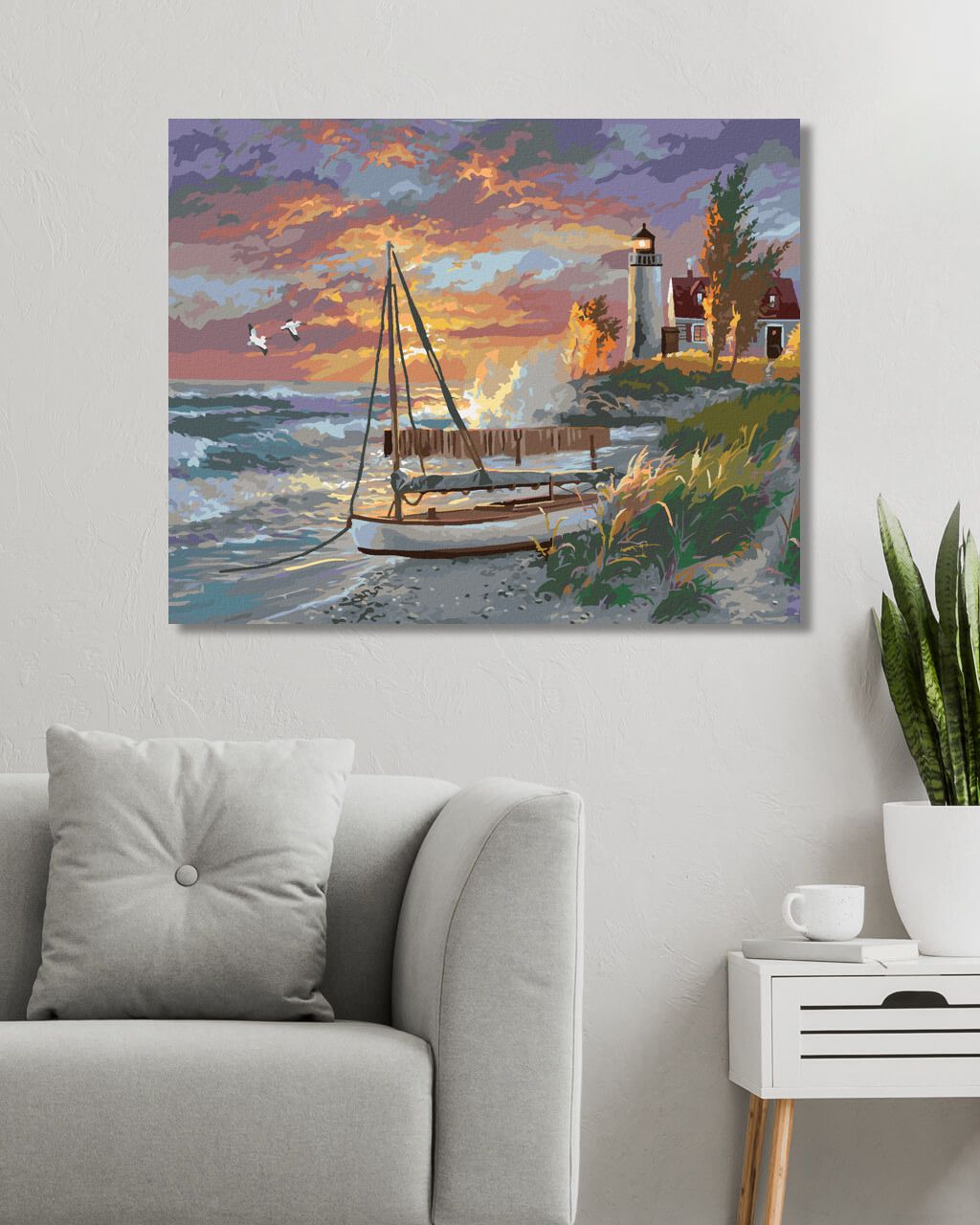 zuty Malování podle čísel - PLACHETNICE NA PLÁŽI, MAJÁK A ZÁPAD SLUNCE (ABRAHAM HUNTER) - Rozměr: 40x50 cm, Rámování: Varianta: vypnuté plátno na rám - obrázek 10