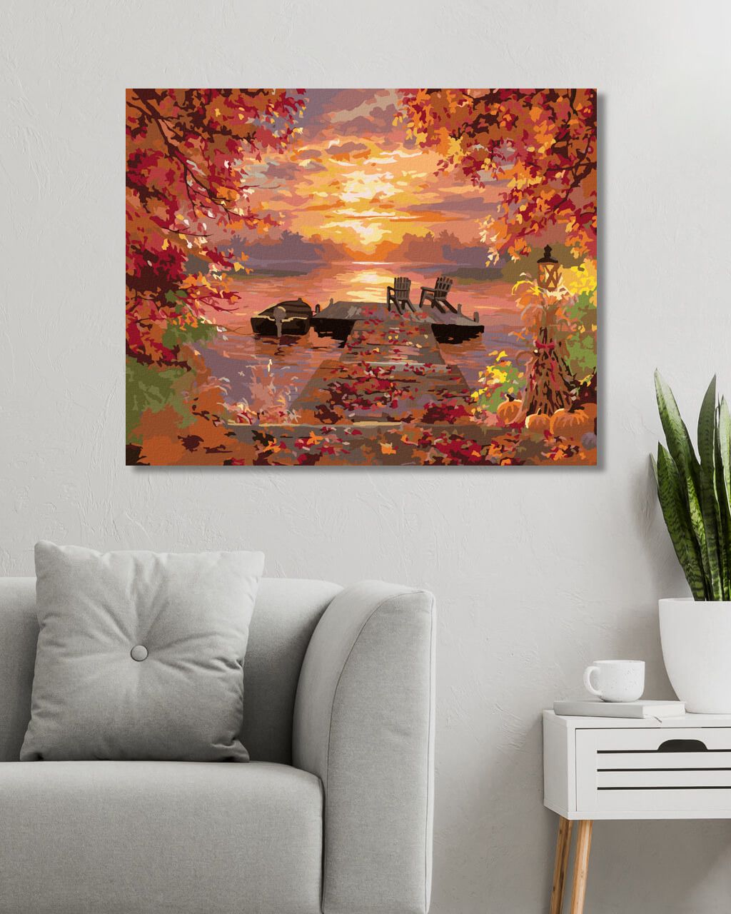 zuty Malování podle čísel - POSEZENÍ NA MOLE, ČLUN, PODZIMNÍ STROMY A ZÁPAD SLUNCE (ABRAHAM HUNTER) - Rozměr: 40x50 cm, Rámování: Varianta: vypnuté plátno na rám - obrázek 9