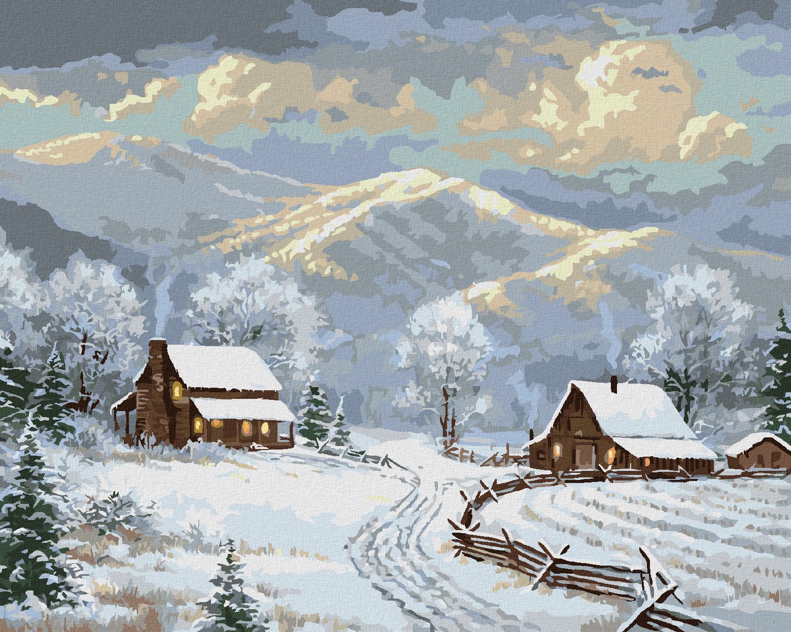 zuty Malování podle čísel - DOMY V ZIMĚ A HORY (ABRAHAM HUNTER) - Rozměr: 40x50 cm, Rámování: Varianta: vypnuté plátno na rám - obrázek 1