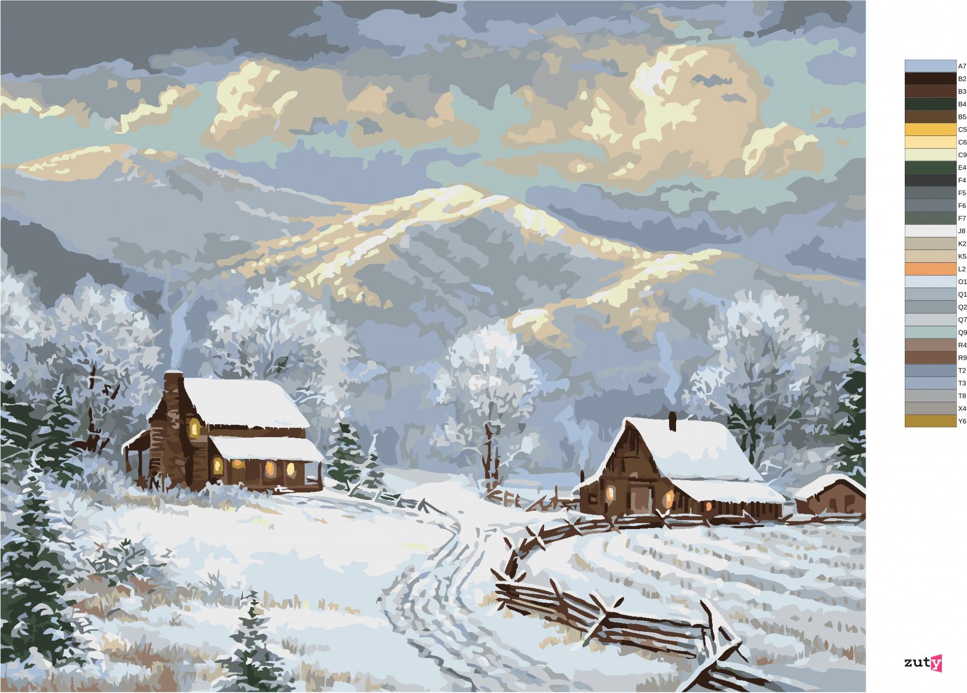 zuty Malování podle čísel - DOMY V ZIMĚ A HORY (ABRAHAM HUNTER) - Rozměr: 40x50 cm, Rámování: Varianta: vypnuté plátno na rám - obrázek 7