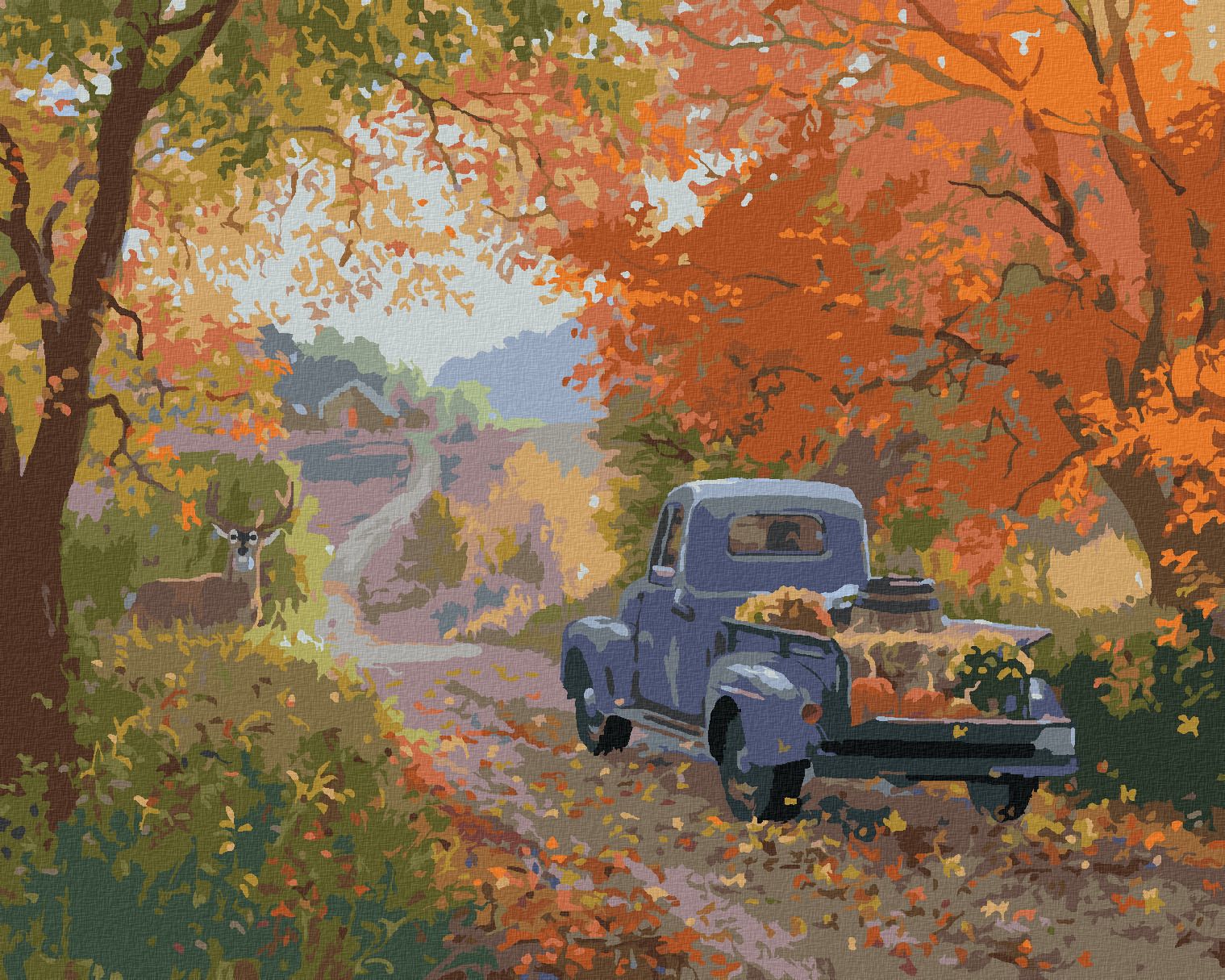 zuty Malování podle čísel - JELEN, MODRÉ AUTO A PODZIMNÍ STROMY (ABRAHAM HUNTER) - Rozměr: 40x50 cm, Rámování: Varianta: vypnuté plátno na rám - obrázek 1