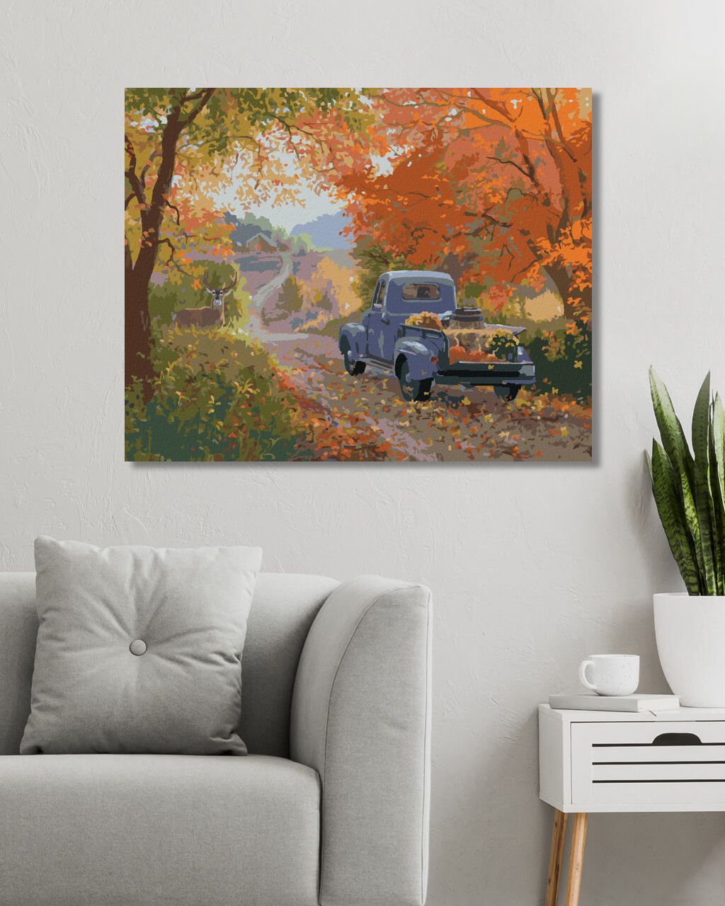 zuty Malování podle čísel - JELEN, MODRÉ AUTO A PODZIMNÍ STROMY (ABRAHAM HUNTER) - Rozměr: 40x50 cm, Rámování: Varianta: vypnuté plátno na rám - obrázek 2
