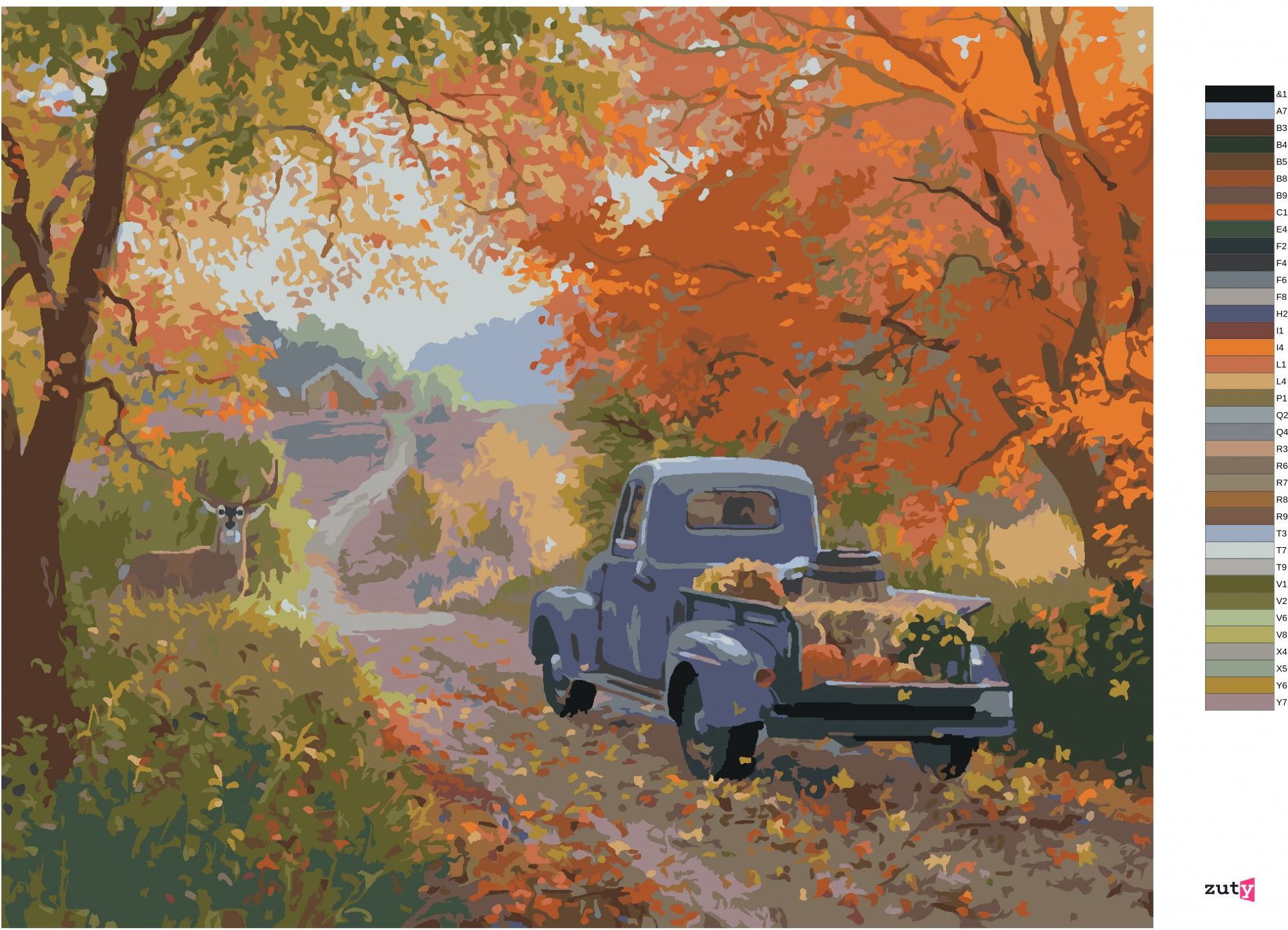 zuty Malování podle čísel - JELEN, MODRÉ AUTO A PODZIMNÍ STROMY (ABRAHAM HUNTER) - Rozměr: 40x50 cm, Rámování: Varianta: vypnuté plátno na rám - obrázek 3