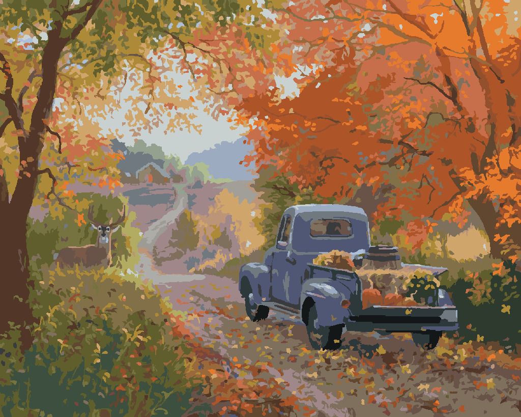 zuty Malování podle čísel - JELEN, MODRÉ AUTO A PODZIMNÍ STROMY (ABRAHAM HUNTER) - Rozměr: 40x50 cm, Rámování: Varianta: vypnuté plátno na rám - obrázek 5