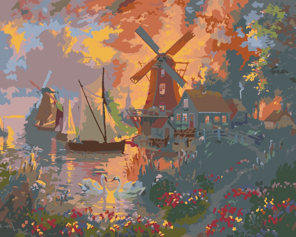 zuty Malování podle čísel - LABUTĚ, MLÝNY, PLACHETNICE A ZÁPAD SLUNCE (ABRAHAM HUNTER) - Rozměr: 40x50 cm, Rámování: Varianta: vypnuté plátno na rám - obrázek 4