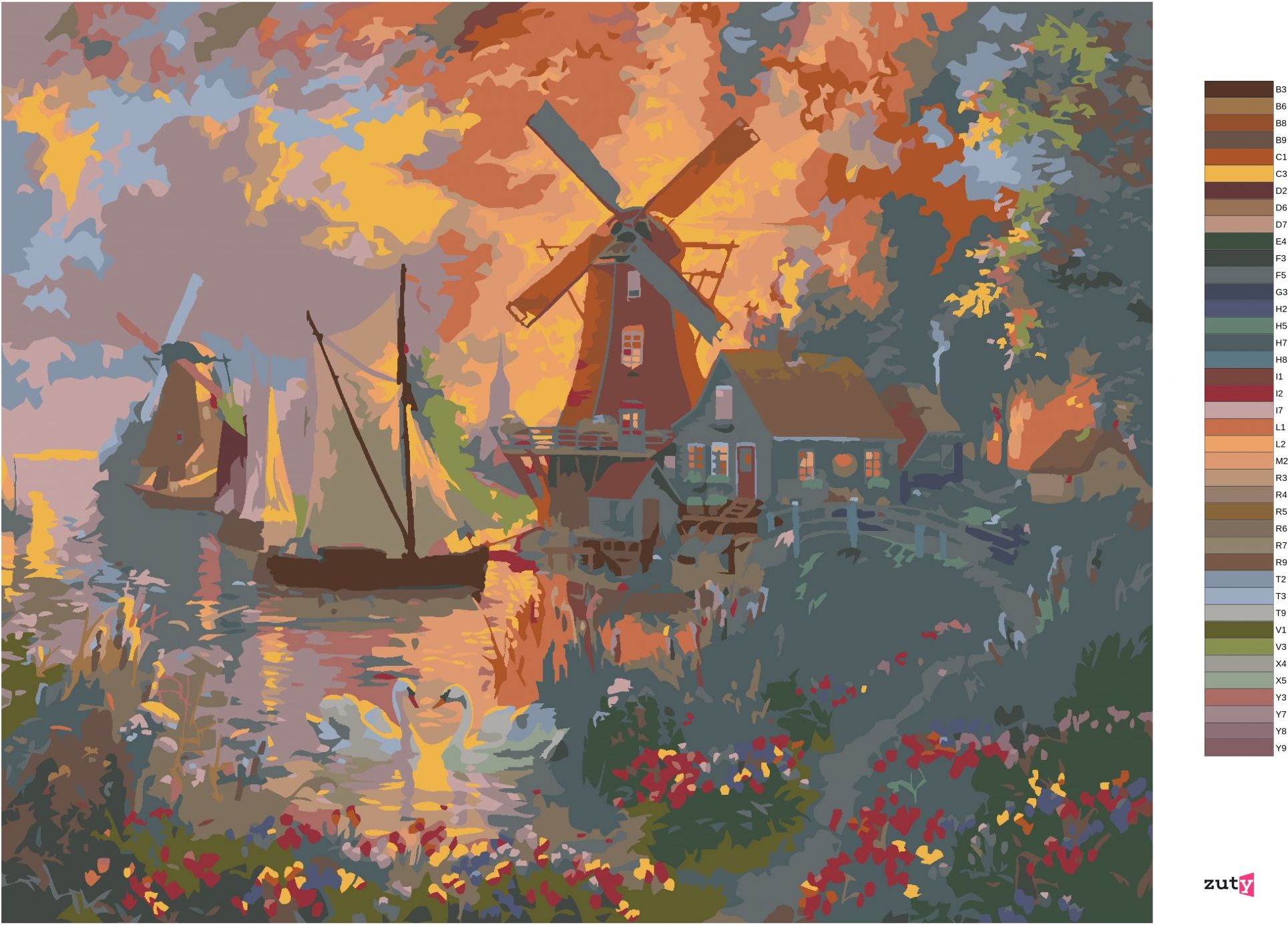 zuty Malování podle čísel - LABUTĚ, MLÝNY, PLACHETNICE A ZÁPAD SLUNCE (ABRAHAM HUNTER) - Rozměr: 40x50 cm, Rámování: Varianta: vypnuté plátno na rám - obrázek 7