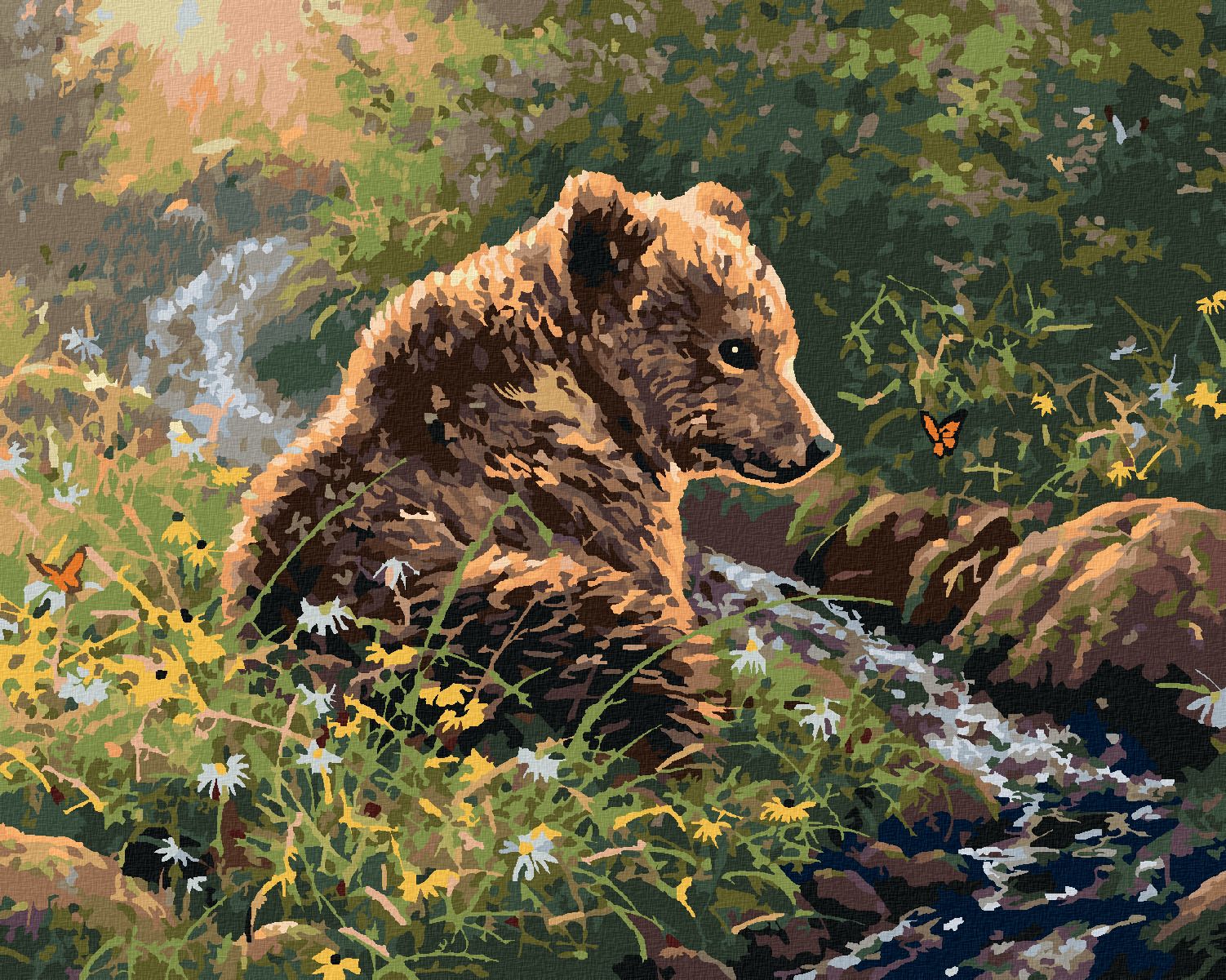 zuty Malování podle čísel - MLÁDĚ MEDVĚDA U ŘEKY V KVÍTÍ A MOTÝLI (ABRAHAM HUNTER) - Rozměr: 40x50 cm, Rámování: Varianta: vypnuté plátno na rám - obrázek 1