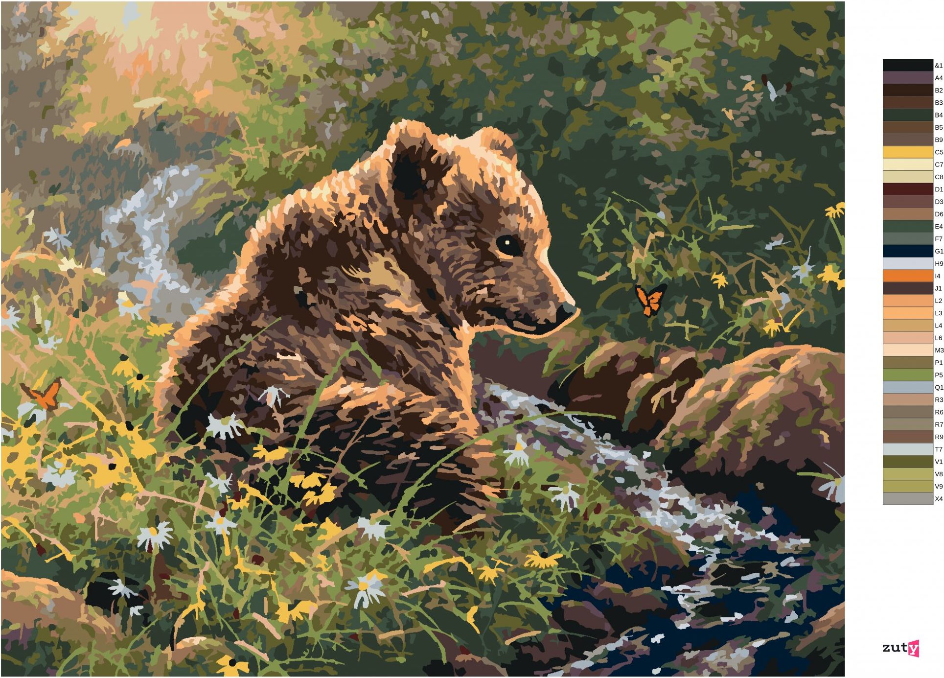 zuty Malování podle čísel - MLÁDĚ MEDVĚDA U ŘEKY V KVÍTÍ A MOTÝLI (ABRAHAM HUNTER) - Rozměr: 40x50 cm, Rámování: Varianta: vypnuté plátno na rám - obrázek 2