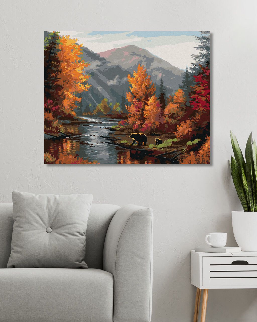 zuty Malování podle čísel - MEDVĚD U ŘEKY, HORY A PODZIMNÍ STROMY (ABRAHAM HUNTER) - Rozměr: 40x50 cm, Rámování: Varianta: bez rámu a bez vypnutí plátna - obrázek 6