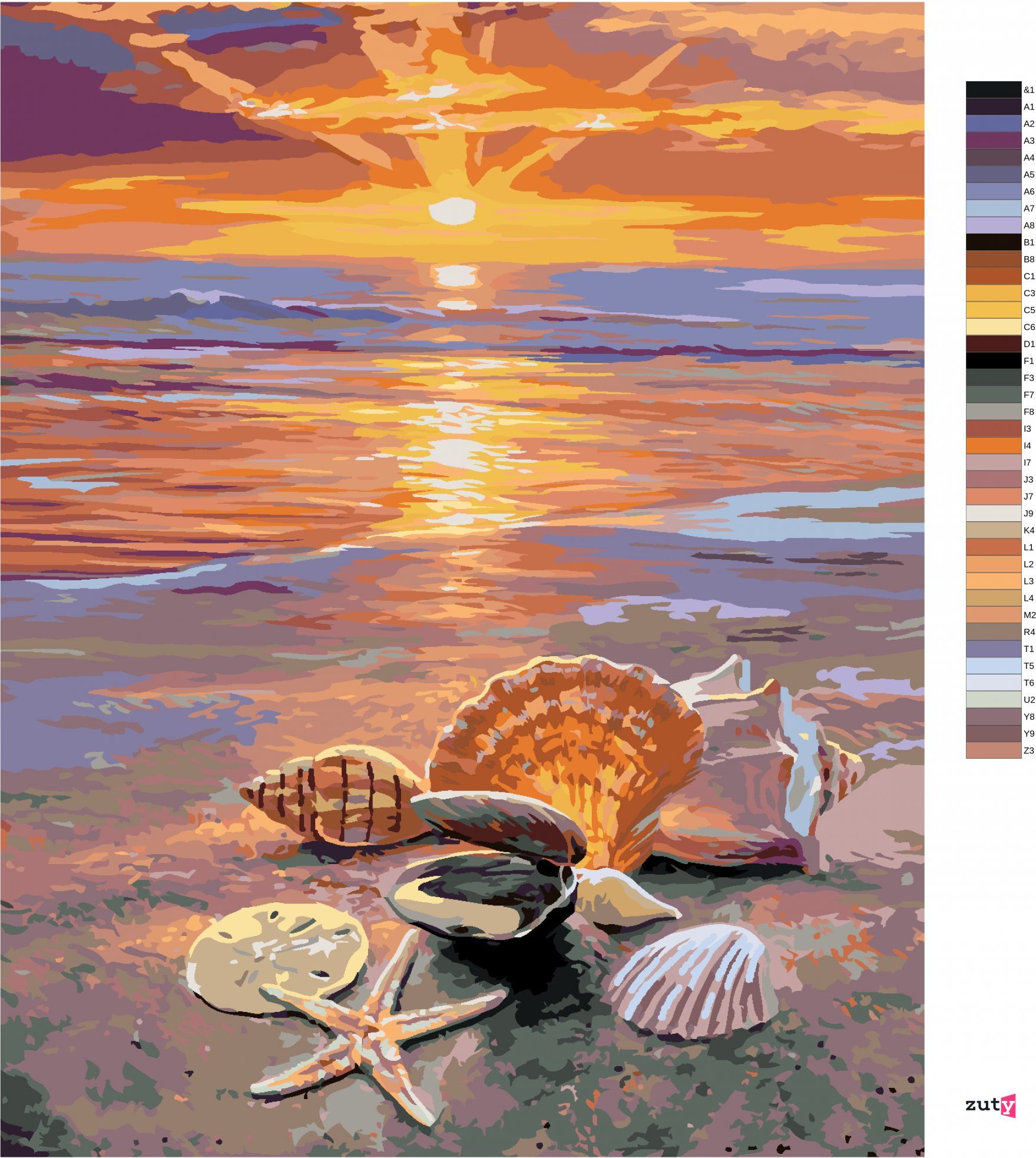 zuty Malování podle čísel - MUŠLE NA PLÁŽI A ZÁPAD SLUNCE (ABRAHAM HUNTER) - Rozměr: 40x50 cm, Rámování: Varianta: bez rámu a bez vypnutí plátna - obrázek 8