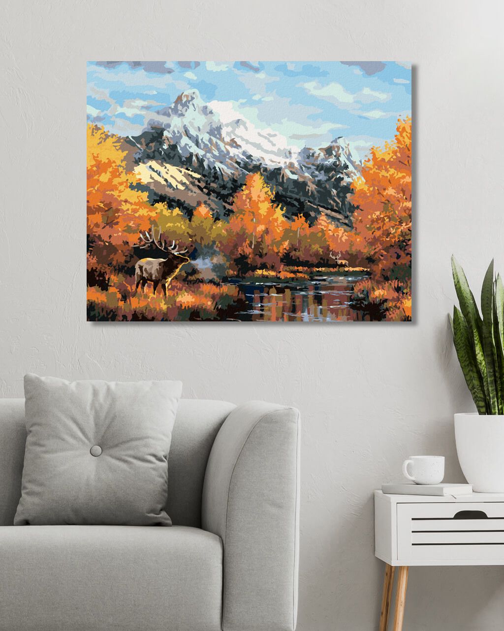 zuty Malování podle čísel - JELEN U ŘEKY, HORY A PODZIMNÍ STROMY (ABRAHAM HUNTER) - Rozměr: 40x50 cm, Rámování: Varianta: bez rámu a bez vypnutí plátna - obrázek 3