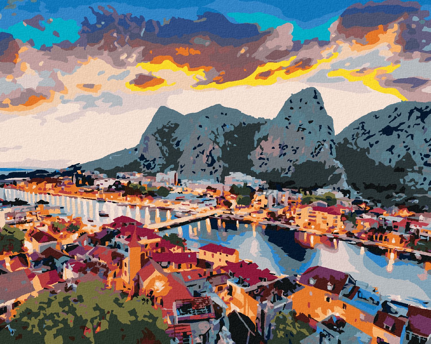 zuty Malování podle čísel - VEČERNÍ PANORAMA MĚSTA OMIŠ - Rozměr: 40x50 cm, Rámování: Varianta: bez rámu a bez vypnutí plátna - obrázek 1