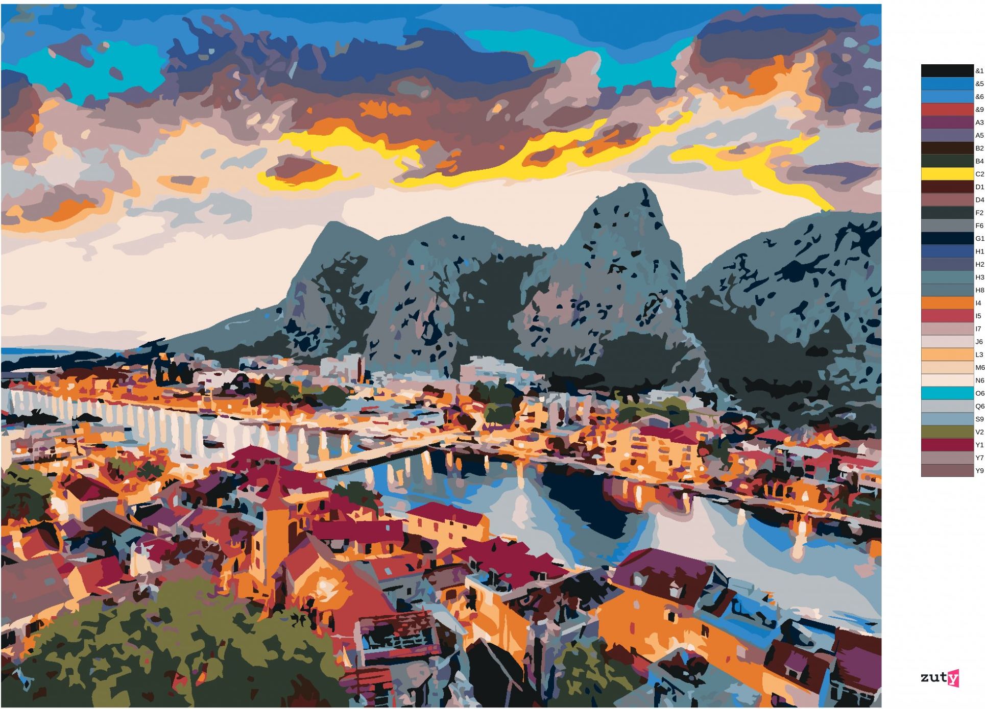 zuty Malování podle čísel - VEČERNÍ PANORAMA MĚSTA OMIŠ - Rozměr: 40x50 cm, Rámování: Varianta: bez rámu a bez vypnutí plátna - obrázek 6