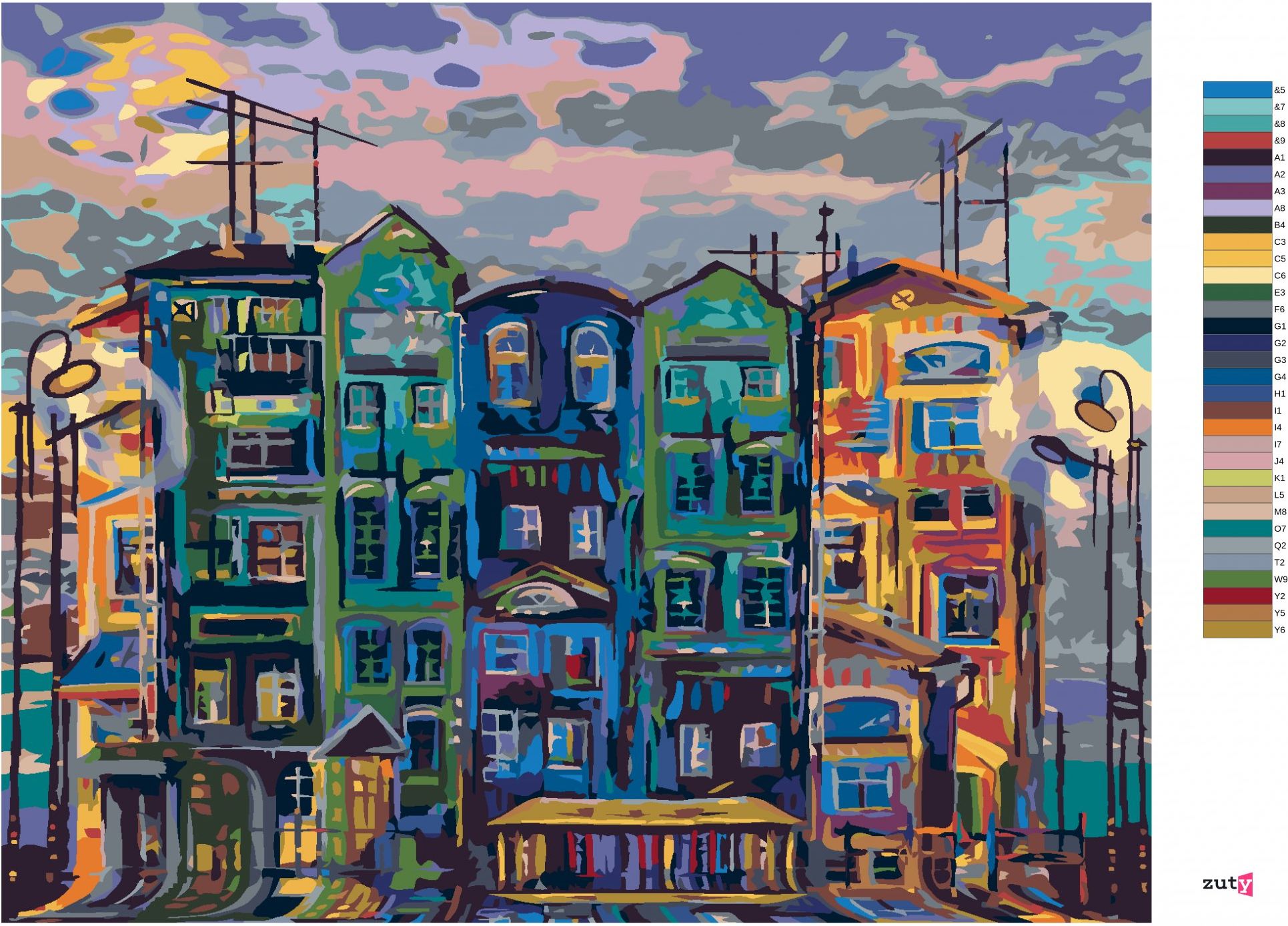zuty Malování podle čísel - VYSOKÉ DOMY V AMSTERDAMU - Rozměr: 40x50 cm, Rámování: Varianta: bez rámu a bez vypnutí plátna - obrázek 2