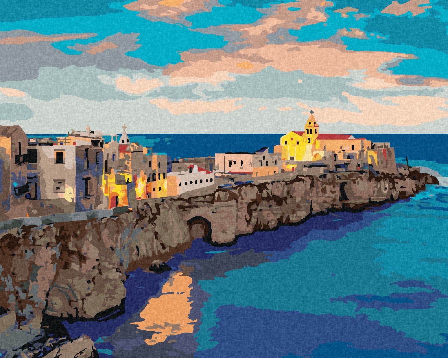 zuty Malování podle čísel - VEČERNÍ PANORAMA MĚSTA VIESTE - Rozměr: 40x50 cm, Rámování: Varianta: vypnuté plátno na rám - obrázek 1