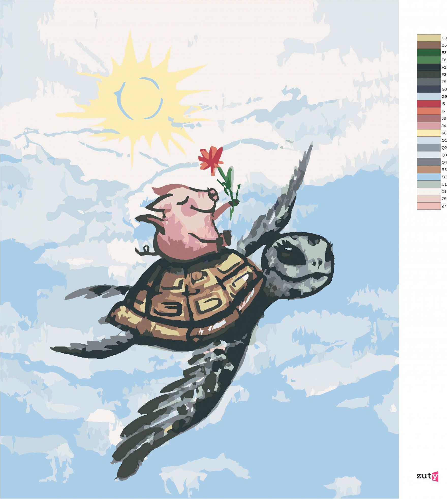 zuty Malování podle čísel - PRASE LETÍCÍ NA ŽELVĚ - Rozměr: 40x50 cm, Rámování: Varianta: bez rámu a bez vypnutí plátna - obrázek 2