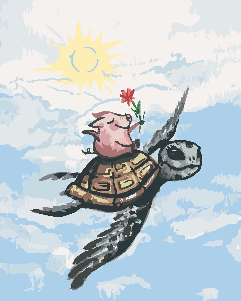 zuty Malování podle čísel - PRASE LETÍCÍ NA ŽELVĚ - Rozměr: 40x50 cm, Rámování: Varianta: bez rámu a bez vypnutí plátna - obrázek 7