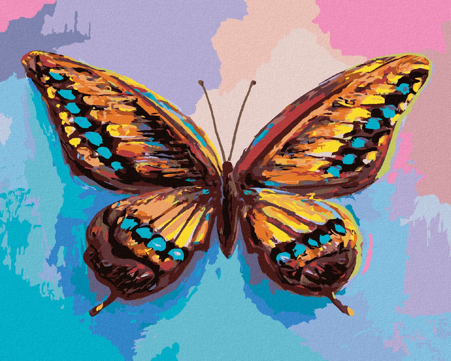 zuty Malování podle čísel - BAREVNÝ MOTÝL NA RŮŽOVOMODRÉM POZADÍ - Rozměr: 40x50 cm, Rámování: Varianta: vypnuté plátno na rám - obrázek 1